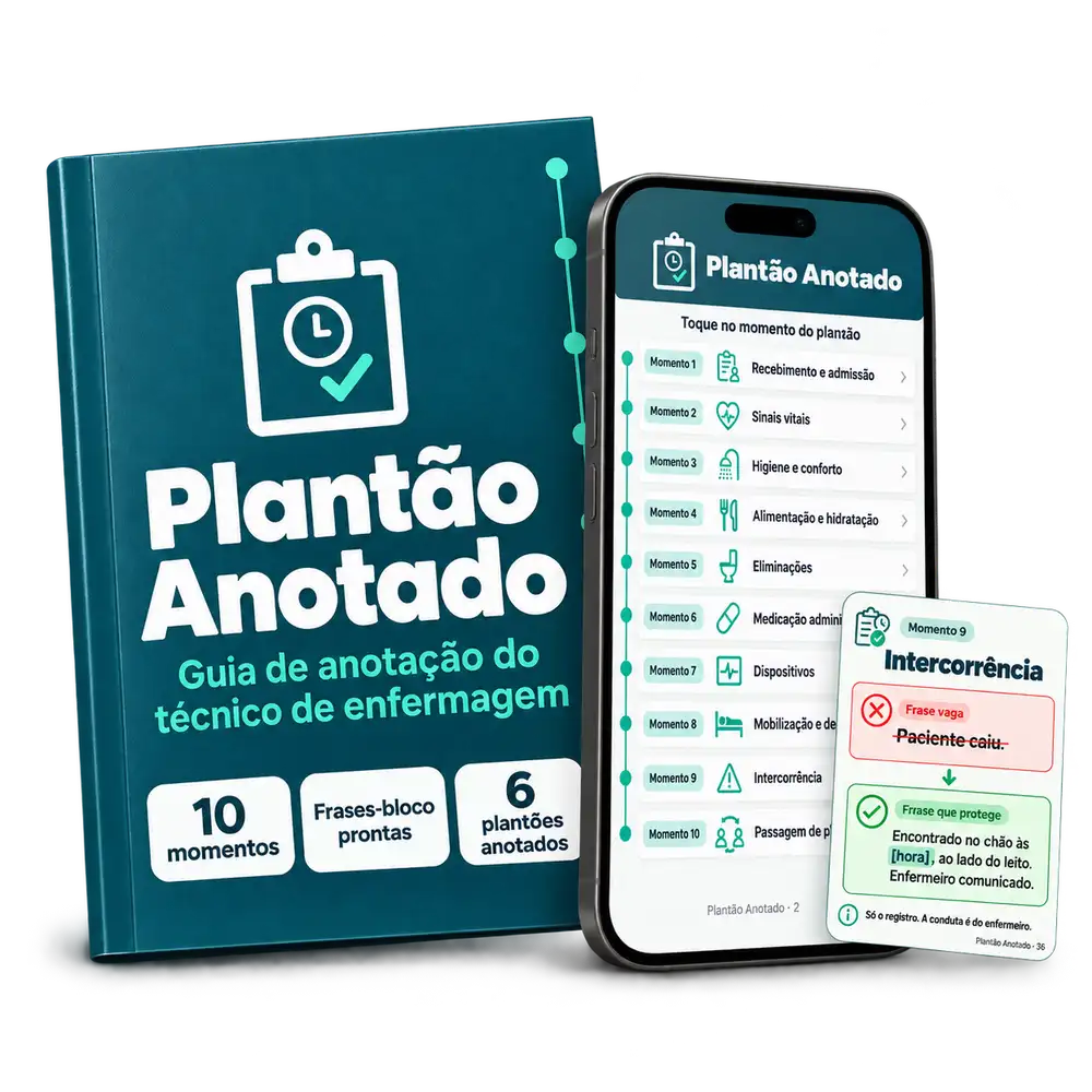 Capa do Plantão Anotado ao lado de um celular aberto no índice por horário, com um card de momento verde × vermelho